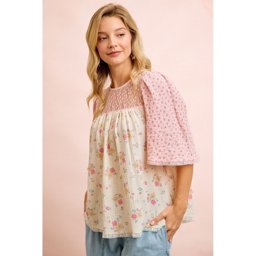 BiBi Crinkle Floral Gauze Mix And Matched Blouse Top - Cream/Pink - Medium - Picture 6 of 11
